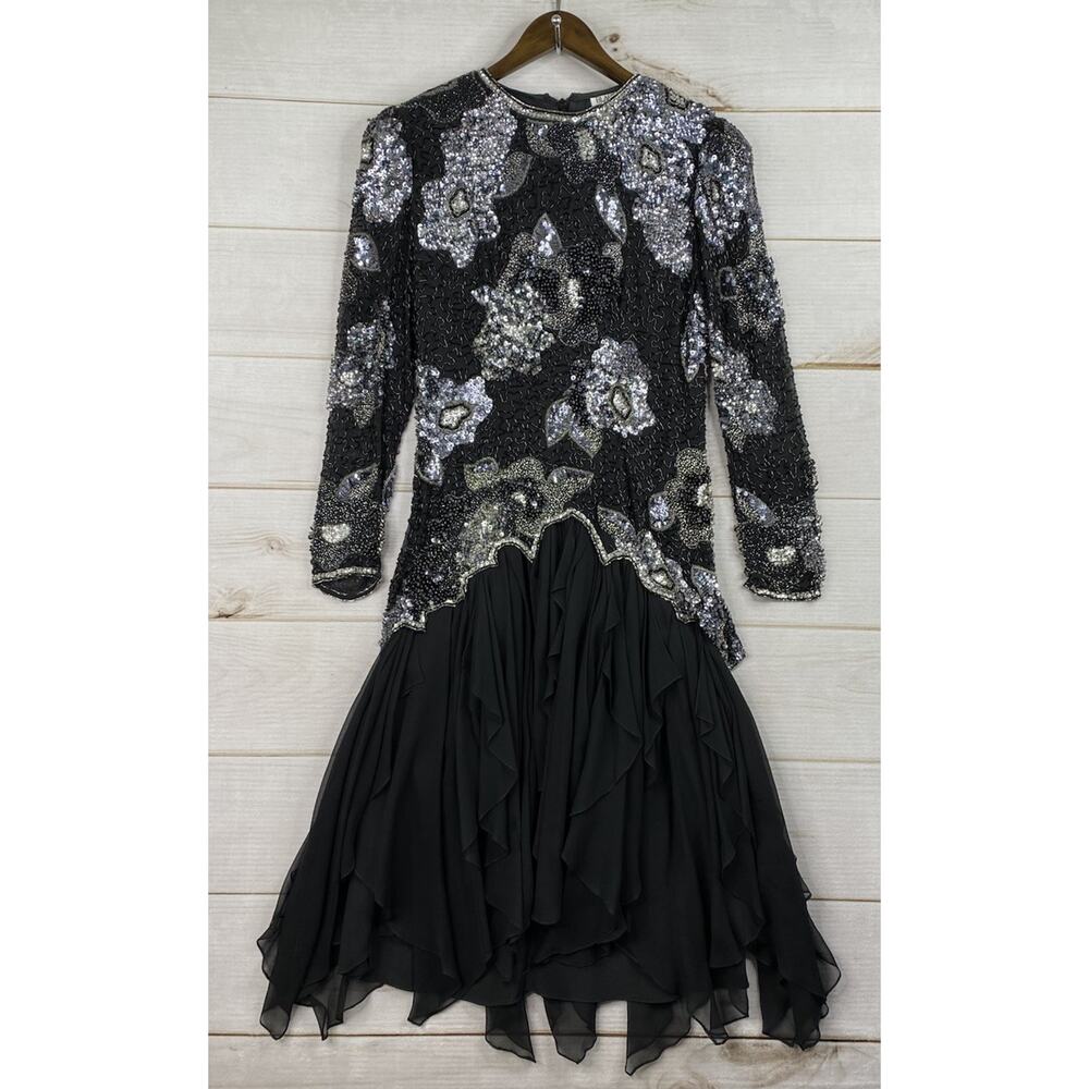 Vintage 80's Black Tie He-Ro Dress Sz 8 Heavily Beaded Sequins 100% Silk Party